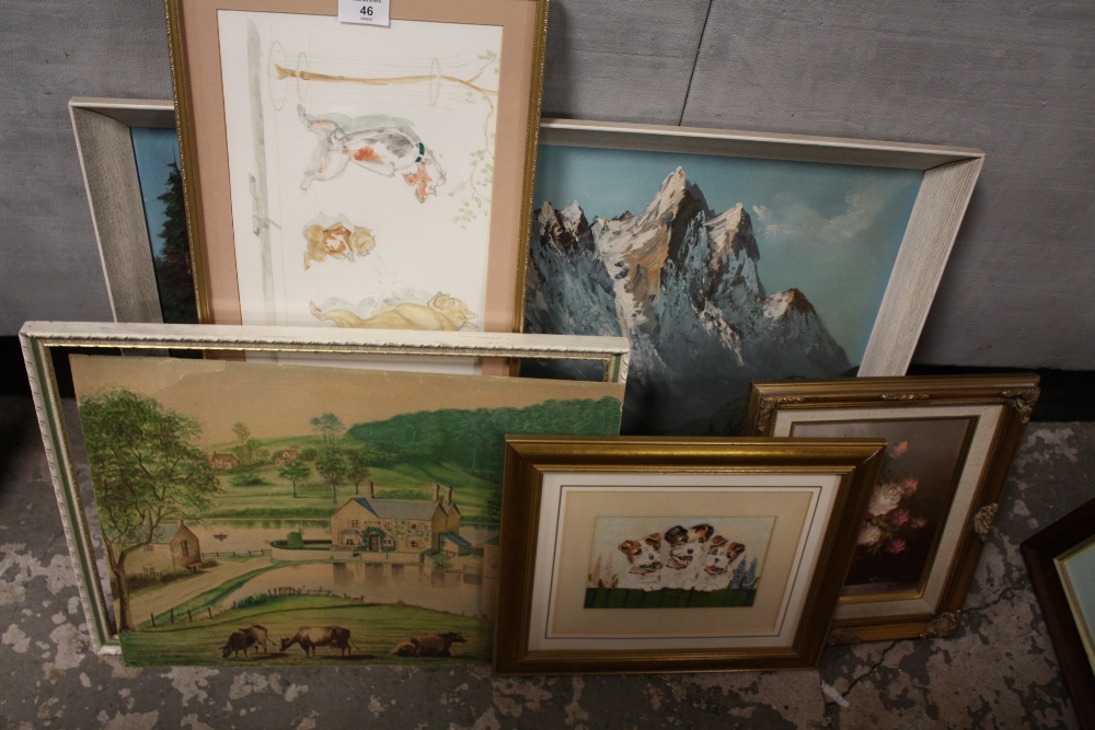 A COLLECTION OF ASSORTED PICTURES TO INCLUDE AN A W COOMER WATERCOLOUR A/F, MOUNTAINOUS LAKE SCENE