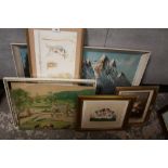 A COLLECTION OF ASSORTED PICTURES TO INCLUDE AN A W COOMER WATERCOLOUR A/F, MOUNTAINOUS LAKE SCENE
