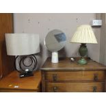 A MODERN TABLE LAMP AND SHADE TOGETHER WITH ANOTHER LAMP AND AN OLIVER BONAS DRESSING TABLE MIRROR