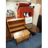AN OPEN BOOKCASE, COFFEE TABLE, SEWING TABLE ETC (6)
