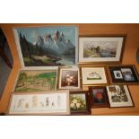 A QUANTITY OF OIL PAINTING, WATERCOLOURS AND PRINTS TO INCLUDE A OIL ON CANVAS MOUNTAINOUS SCENE,