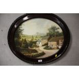 AN OVAL FRAMED OIL ON BOARD DEPICTING A COUNTRY VILLAGE SCENE SIGNED C. BEARDMORE