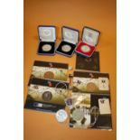 A BOX OF COINS ETC TO INCLUDE D DAY 5 POUND COINS, MILLENNIUM MEDALS ETC