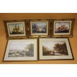 THREE GILT FRAMED CANVAS PRINTS OF SHIPS TOGETHER WITH TWO OTHER PRINTS (5)