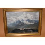 A GILT FRAMED IMPRESSIONIST STORMY MOUNTAINOUS SCENE OIL ON CANVAS - SIZE - 61CM X 45CM