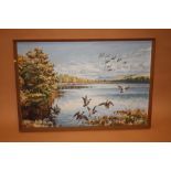 J. EDWARD SMITH - A LARGE FRAMED OIL ON BOARD ENTITLED 'MALLARDS ON THE WING' SIGNED LOWER RIGHT