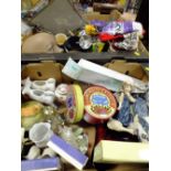 TWO TRAYS OF ASSORTED CERAMICS AND GLASSWARE ETC. TO INCLUDE A STUDIO GLASS BOWL, SILVER PLATED