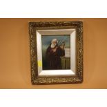 A SMALL GILT FRAMED OIL ON BOARD DEPICTING A MONK PLAYING A VIOLIN SIGNED E. SWANN? LOWER RIGHT 23CM