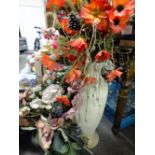 TWO TRAYS OF ASSORTED HOUSEHOLD SUNDRIES TOGETHER WITH THREE FLORAL DISPLAYS
