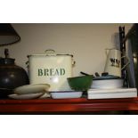 A COLLECTION OF ENAMEL KITCHENWARE TO INCLUDE TWO BREAD BINS, COOKING POTS, VINTAGE FIRST AID KIT