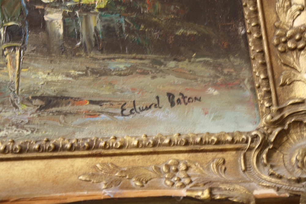 A LARGE GILT FRAMED OIL ON CANVAS DEPICTING A STREET SCENE WITH FIGURES SIGNED EDWARD BATON - SIZE - - Image 3 of 3