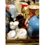 A TRAY OF ASSORTED VASES AND JUGS ETC. TO INCLUDE ENAMELLED VASES AND A JAPANESE STYLE VASE A/F