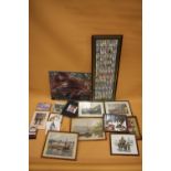 A QUANTITY OF PICTURES AND PRINTS TO INCLUDE FRAMED AND GLAZED CIGARETTE CARDS