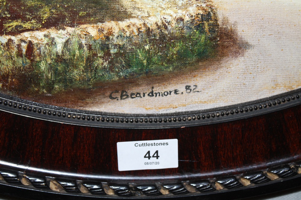 AN OVAL FRAMED OIL ON BOARD DEPICTING A COUNTRY VILLAGE SCENE SIGNED C. BEARDMORE - Image 3 of 3