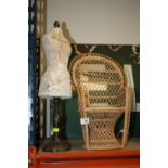 A MINIATURE/ DOLL SIZED MANNEQUIN ON STAND, TOGETHER WITH A WICKER DOLL CHAIR (2)