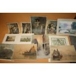 A QUANTITY OF UNFRAMED PRINTS AND WATERCOLOURS (12)