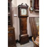 A LOCAL SHREWSBURY 30 HR OAK LONGCASE CLOCK WITH PAINTED DIAL SINGLE WEIGHT AND PENDULUM H-200 CM