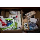 TWO LARGE BOXES OF ASSORTED HOUSEHOLD SUNDRIES TO INCLUDE ENGLAND FLAGS, BOXED FIGURES ETC