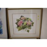 JEAN ELLWOOD - A FRAMED AND GLAZED WATERCOLOUR OF PINK HYDRANGEAS - SIZE INC FRAME - 67CM X 64.5 CM