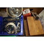 TWO TRAYS OF MODERN KITCHENALIA AND SUNDRIES TO INCLUDE A QUANTITY OF FLATWARE, NOVELTY LIMITED