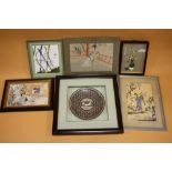 A COLLECTION OF ORIENTAL PICTURES TO INCLUDE A WATERCOLOUR ON SILK, FRAMED AND GLAZED BOWL ETC (6)