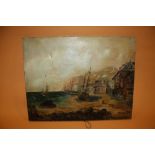 O. L. DANCE - A 1908 UNFRAMED OIL ON CANVAS OF A BEACH SCENE WITH BOATS AND BUILDINGS SIGNED LOWER