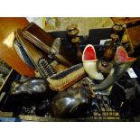 A SMALL TRAY OF COLLECTABLES TO INCLUDE TREEN CANDLESTICKS, EBONISED ELEPHANT FIGURES, HORN VASES