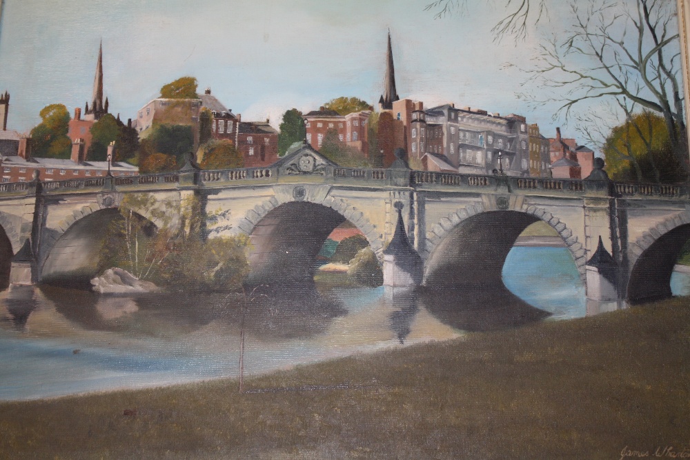 A FRAMED OIL ON BOARD DEPICTING A BRIDGE SIGNED JAMES WHARTON TOGETHER WITH A BARNYARD PRINT - Image 2 of 3