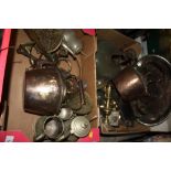 TWO TRAYS OF ASSORTED METALWARE TO INCLUDE TWO VINTAGE COPPER KETTLES