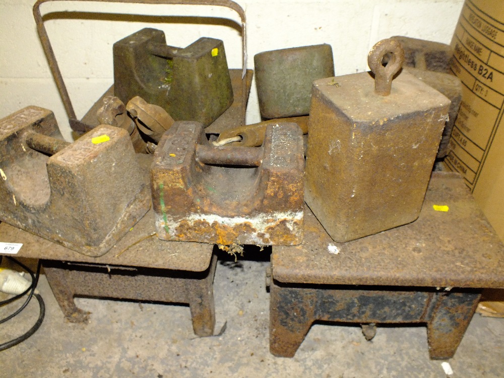 TWO VINTAGE SCALES TOGETHER WITH A SELECTION OF VINTAGE WEIGHTS