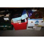 SIX BOXES OF HOUSEHOLD SUNDRIES TO INCLUDE LEATHER BELTS, INLAID MANTEL CLOCK ETC