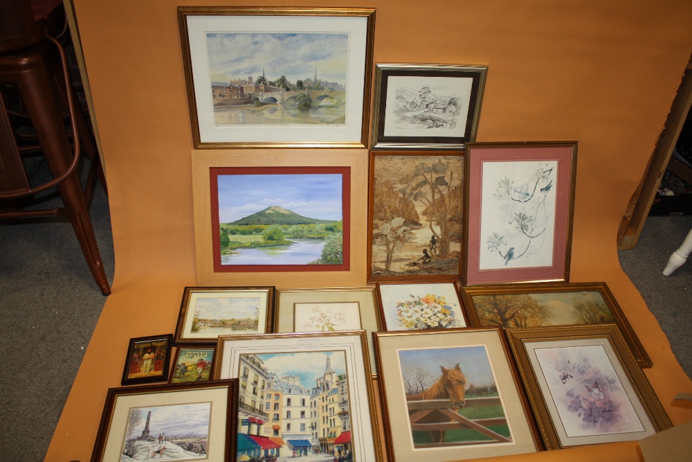 A BOX OF ASSORTED WATERCOLOURS, OIL PAINTINGS AND PRINTS