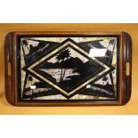 AN EDWARDIAN STYLE INLAID TWIN HANDLED SERVING TRAY WITH BUTTERFLY WING DETAIL