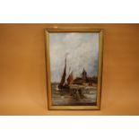 A GILT FRAMED 19TH CENTURY OIL ON CANVAS DEPICTING A SHORE SCENE WITH BOATS, FIGURES AND WINDMILL