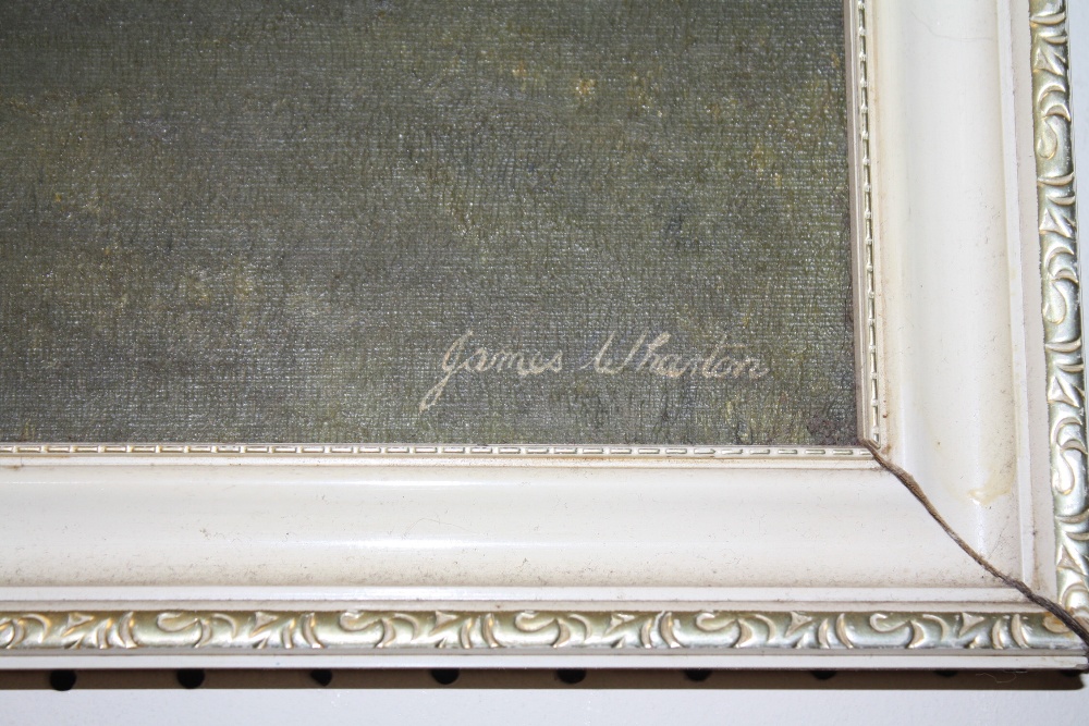 A FRAMED OIL ON BOARD DEPICTING A BRIDGE SIGNED JAMES WHARTON TOGETHER WITH A BARNYARD PRINT - Image 3 of 3