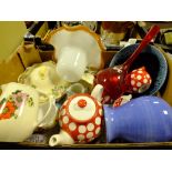 THREE TRAYS OF ASSORTED CERAMICS AND GLASSWARE ETC