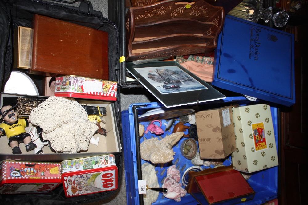 TWO TRAYS OF ASSORTED HOUSEHOLD SUNDRIES TO INCLUDE A CUT GLASS DECANTER, LETTER RACKS, SEASHELLS