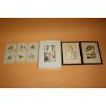 A PAIR OF ANTIQUE FRAMED AND GLAZED INK AND WATERCOLOUR FIGURE STUDIES TOGETHER WITH ANOTHER AND A