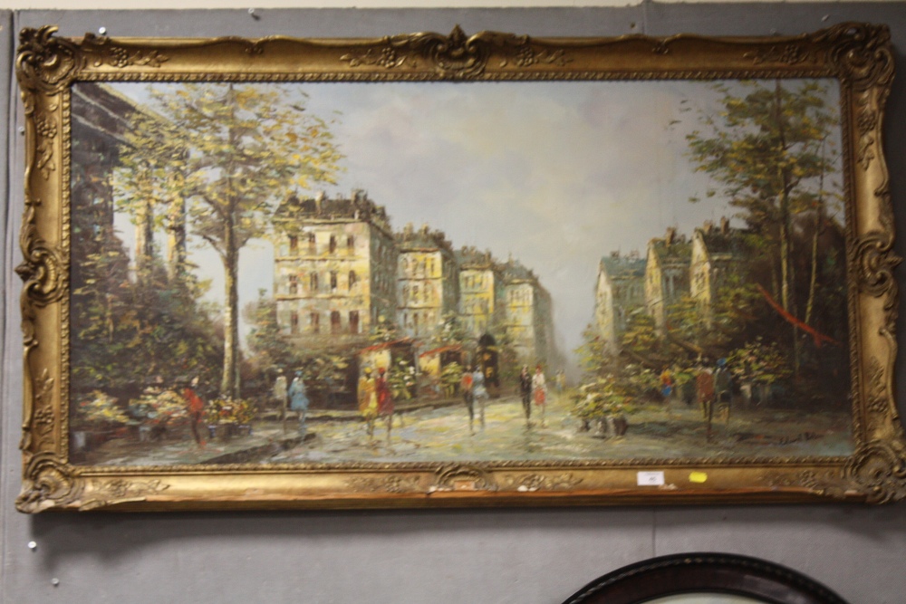 A LARGE GILT FRAMED OIL ON CANVAS DEPICTING A STREET SCENE WITH FIGURES SIGNED EDWARD BATON - SIZE - - Image 2 of 3