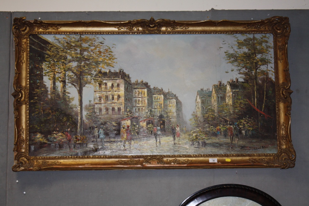 A LARGE GILT FRAMED OIL ON CANVAS DEPICTING A STREET SCENE WITH FIGURES SIGNED EDWARD BATON - SIZE -