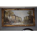 A LARGE GILT FRAMED OIL ON CANVAS DEPICTING A STREET SCENE WITH FIGURES SIGNED EDWARD BATON - SIZE -