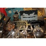 A TRAY OF METALWARE TO INCLUDE A MINER'S LAMP, COPPER KETTLE ETC. TOGETHER WITH TWO GERMAN COMIC