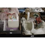 TWO TRAYS OF CERAMICS AND SUNDRIES TO INCLUDE TWO COLLECTABLE DOLLS ETC