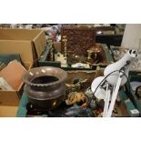 TWO TRAYS OF METALWARE ETC. TO INCLUDE AN ANGLEPOISE LAMP AND A CAST PUNCH AND JUDY