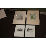 TWO FRAMED ETCHINGS OF BUILDINGS TO INCLUDE YORK MINSTER, BATH ABBEY TOGETHER WITH TWO FRAMED PRINTS