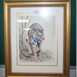 A FRAMED LIMITED EDITION PRINT OF A TIGER SIGNED STEPHEN GAYFORD, APPROX. 41 X 50 CM