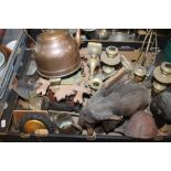 A TRAY OF TREEN AND METALWARE TO INCLUDE A COPPER KETTLE