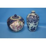 AN ORIENTAL STYLE LIDDED BOWL TOGETHER WITH A HORTENSIA BLUE & WHITE VASE A/F (2)