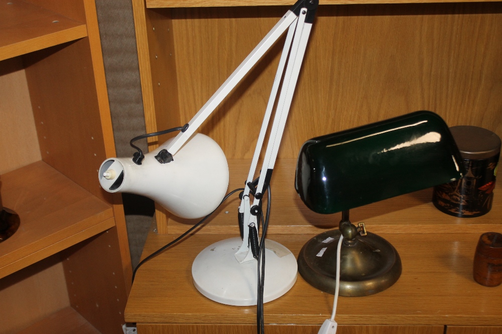 A VINTAGE ANGLE POISED LAMP TOGETHER WITH A BANKERS LAMP