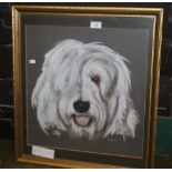 A FRAMED PASTEL OF A DOG, 60 X 54 CM